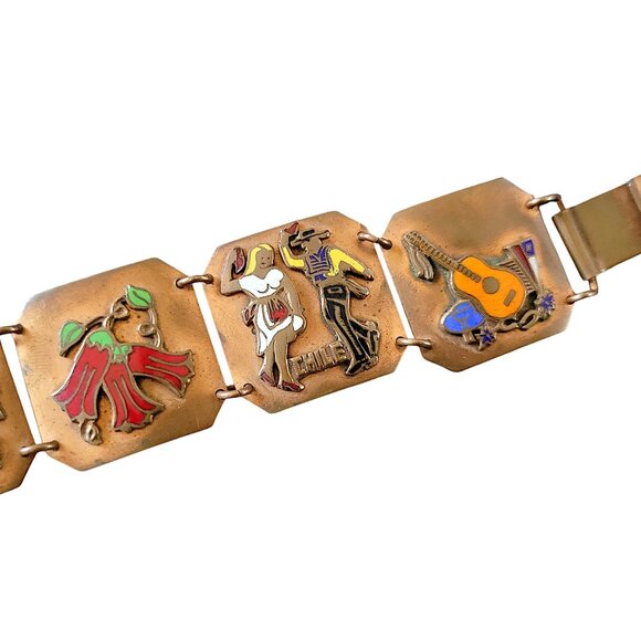 Copper and Enamel Panel Bracelet Chile Tourist Souvenir Vintage Jewelry - Picture 5 of 5
